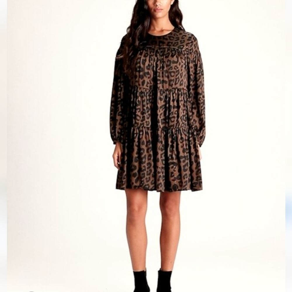 Banana Republic Black and Brown Animal Print Tiered Dress